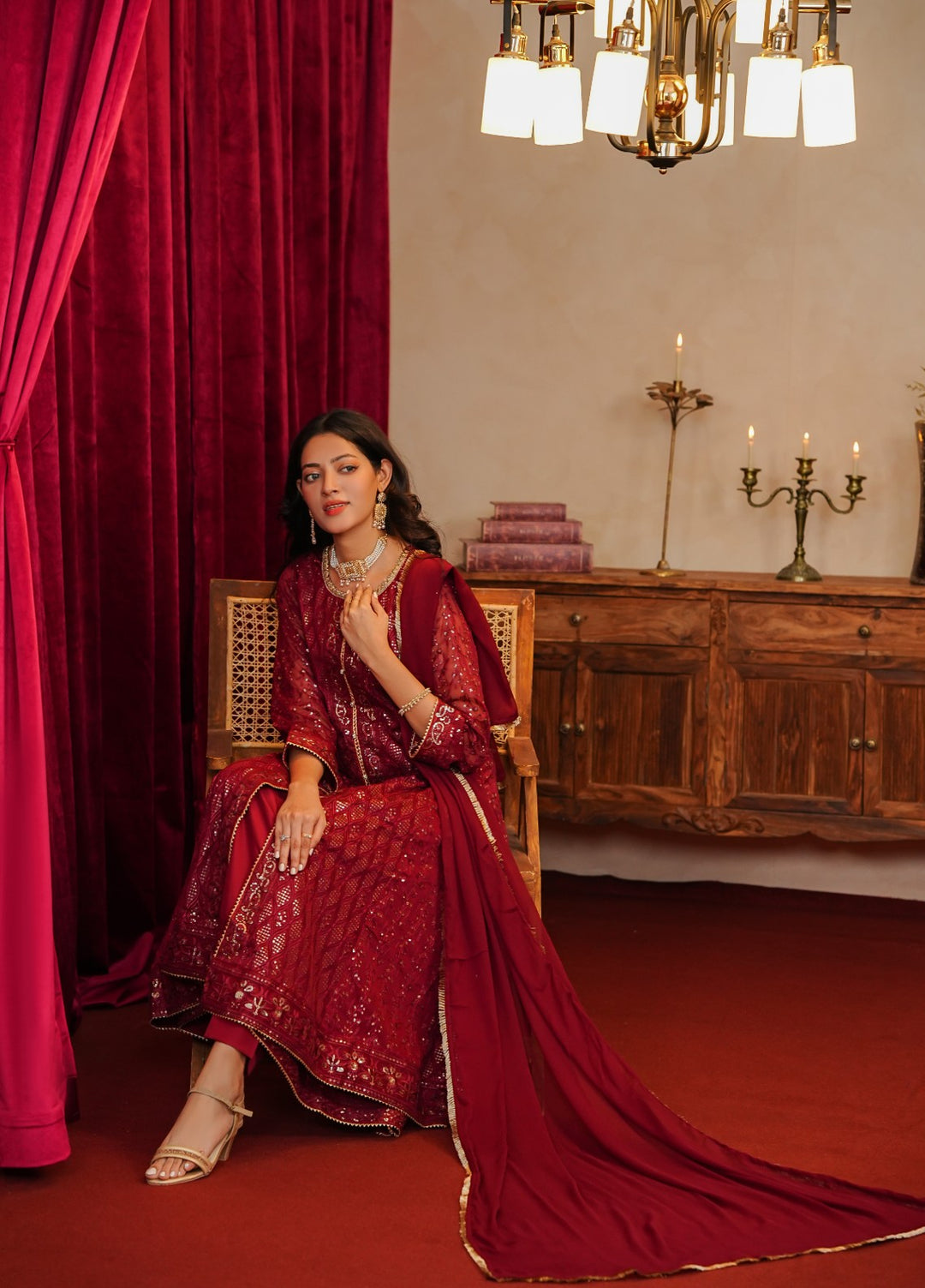 Shadiyan by Al Siyaab Pret 3 Piece Embroidered Chiffon Sana Maroon - Festive Collection