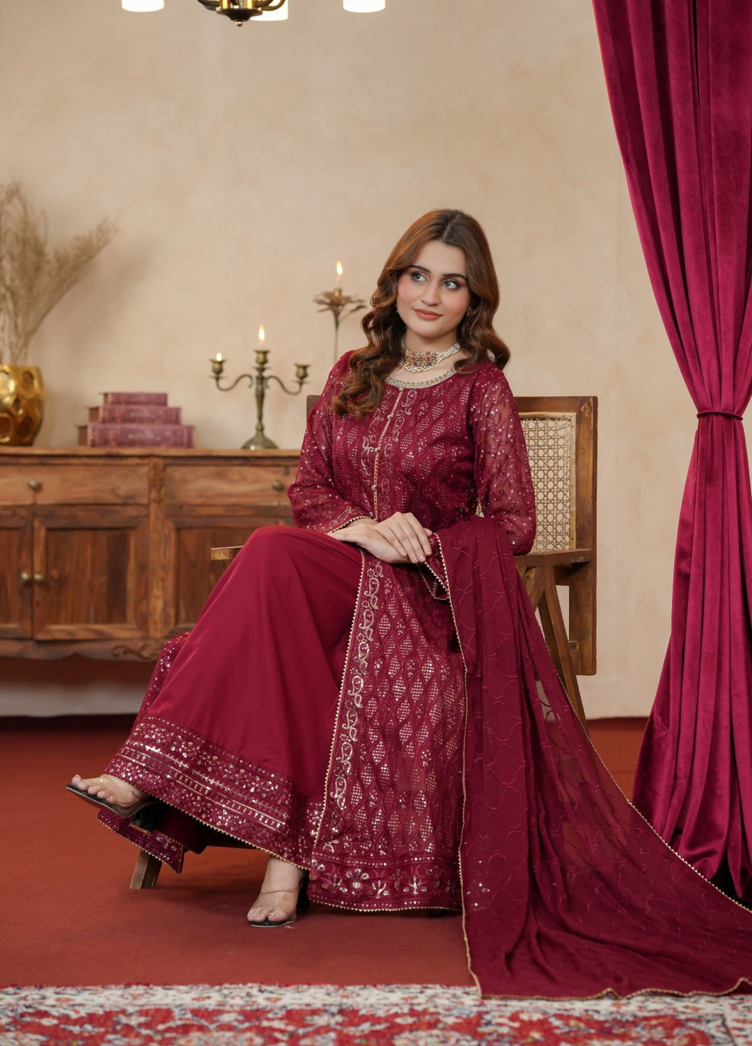 Shadiyan by Al Siyaab Pret 3 Piece Embroidered Chiffon Sana Maroon - Festive Collection