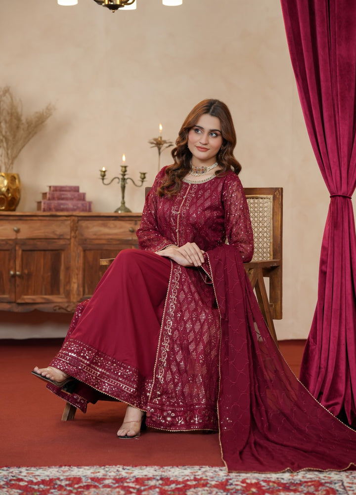 Shadiyan by Al Siyaab Pret 3 Piece Embroidered Chiffon Sana Maroon - Festive Collection