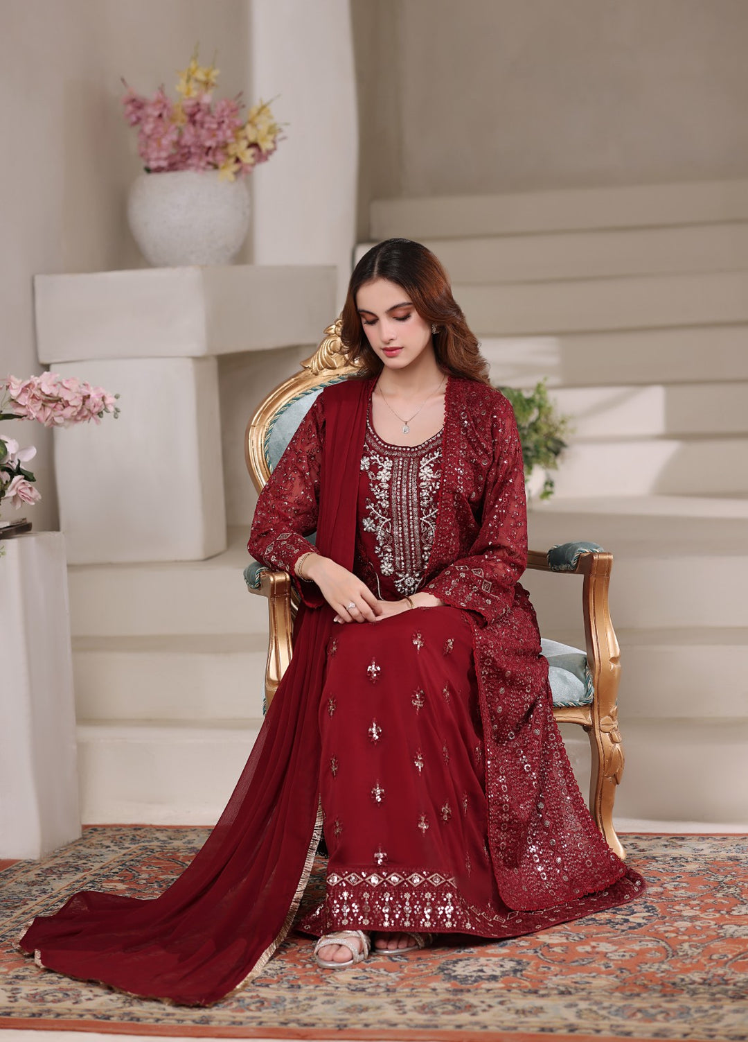 Shadiyan by Al Siyaab Pret 4 Piece Embroidered Chiffon Sahiba Maroon - Festive Collection