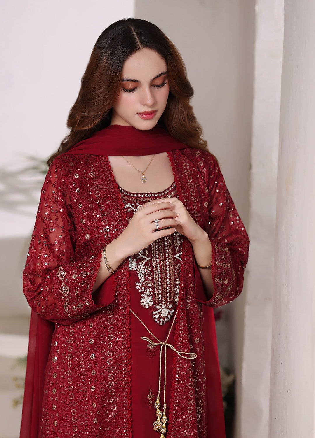 Shadiyan by Al Siyaab Pret 4 Piece Embroidered Chiffon Sahiba Maroon - Festive Collection