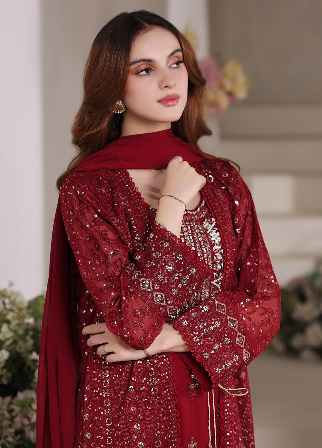 Shadiyan by Al Siyaab Pret 4 Piece Embroidered Chiffon Sahiba Maroon - Festive Collection