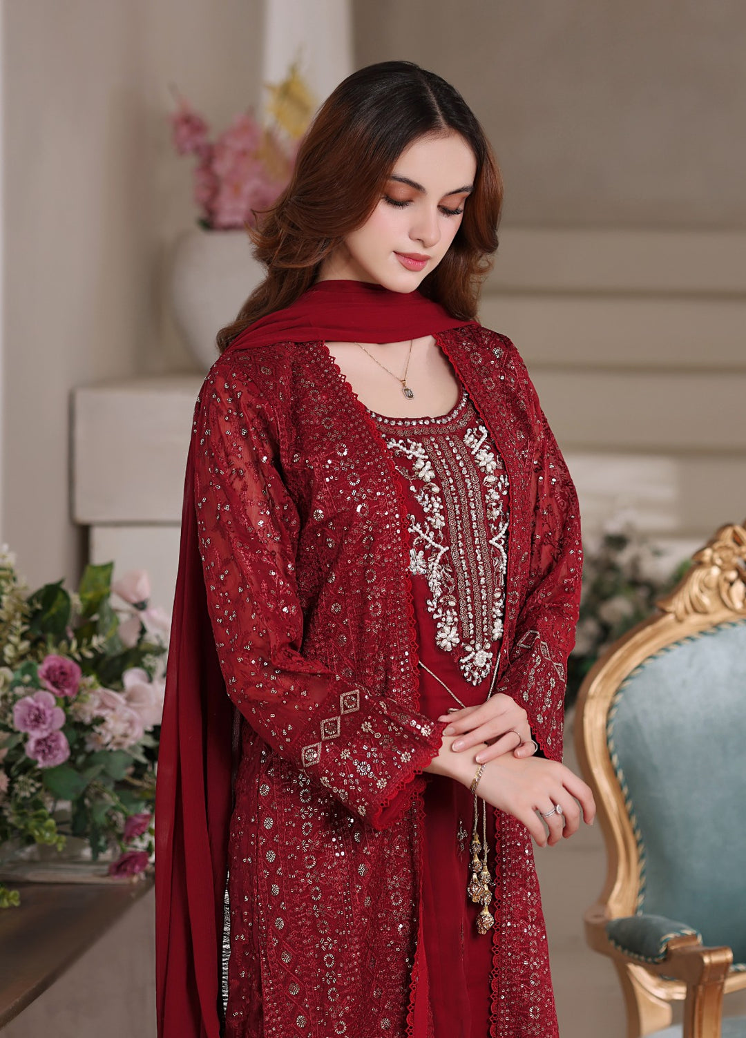 Shadiyan by Al Siyaab Pret 4 Piece Embroidered Chiffon Sahiba Maroon - Festive Collection