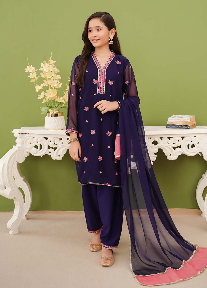 Modest Pret Edit Girls 3 Piece Embroidered Blue Chiffon Suit - Formals Collection