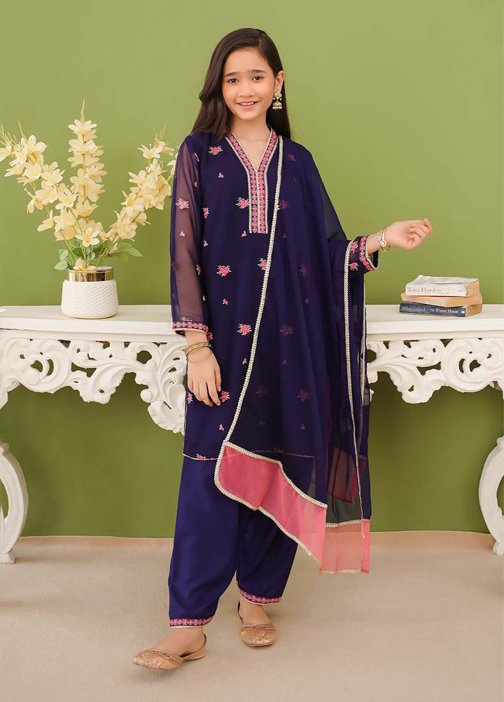 Modest Pret Edit Girls 3 Piece Embroidered Blue Chiffon Suit - Formals Collection