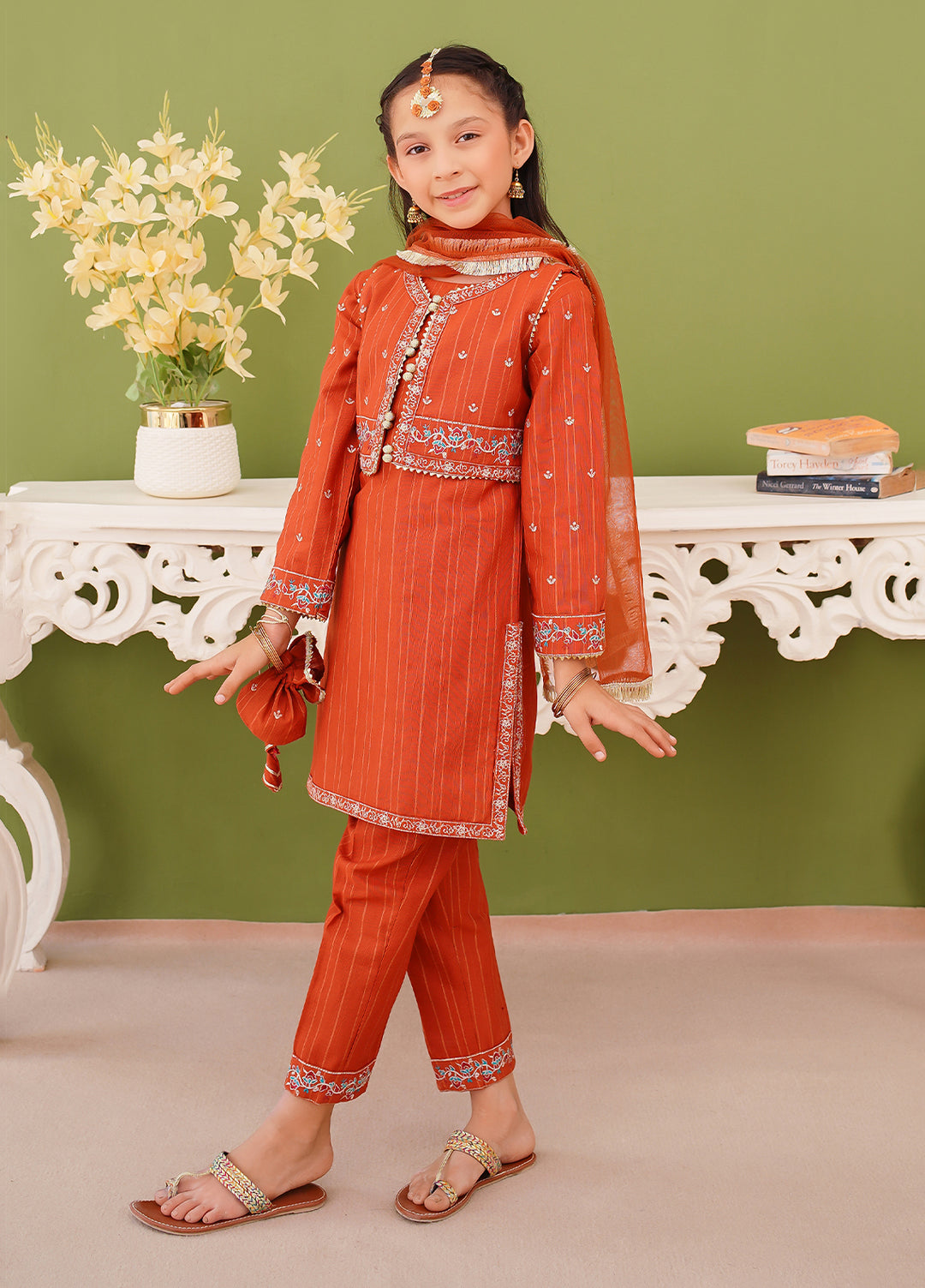 Modest Girl Pret Girls 3 Piece Khaddar Embroidered Brown Suit - Winter Collection