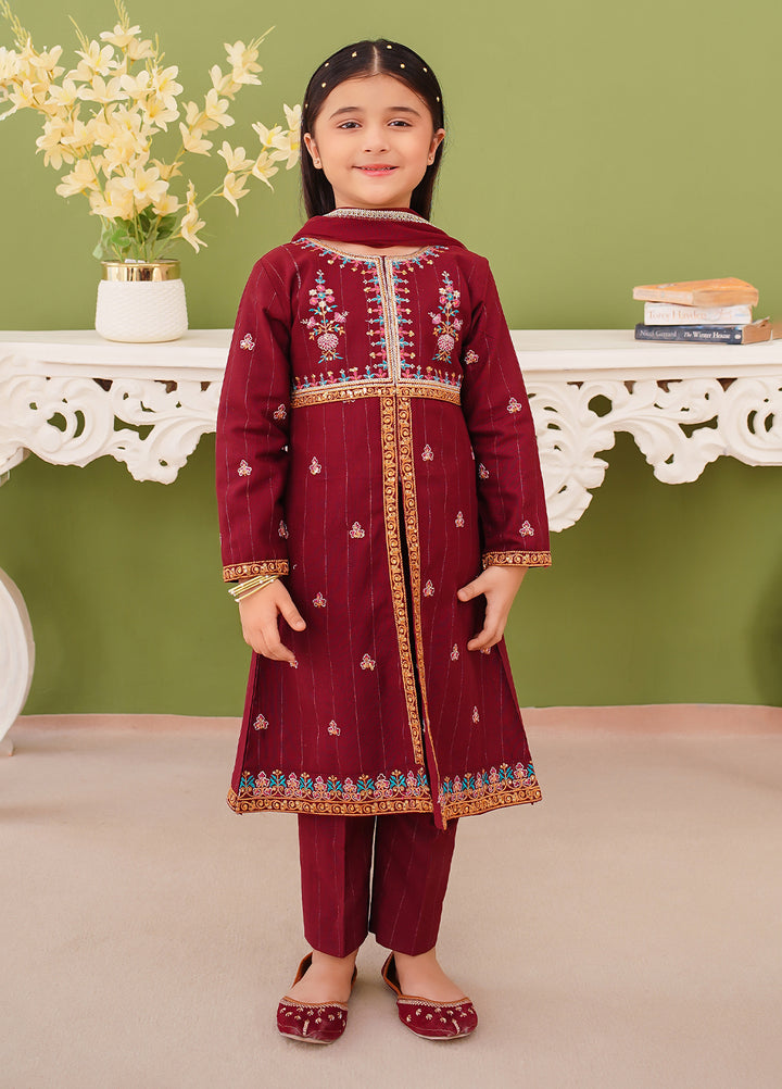 Modest Girl Pret Girls 3 Piece Khaddar Embroidered Maroon Suit - Winter Collection