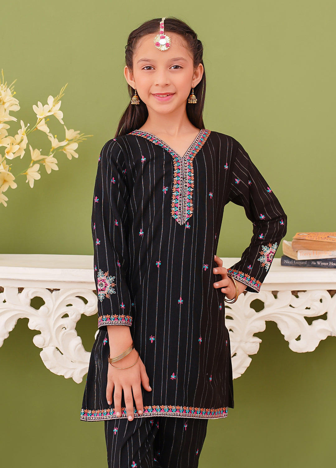 Modest Girl Pret Girls 3 Piece Khaddar Embroidered Black Suit - Winter Collection