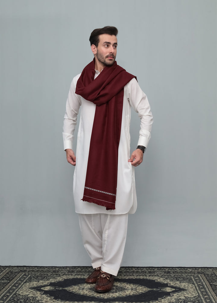 Mazham Mens Wool Shawl Textured 1 Piece Unstitched Marron Swati Thread - Winter Collection