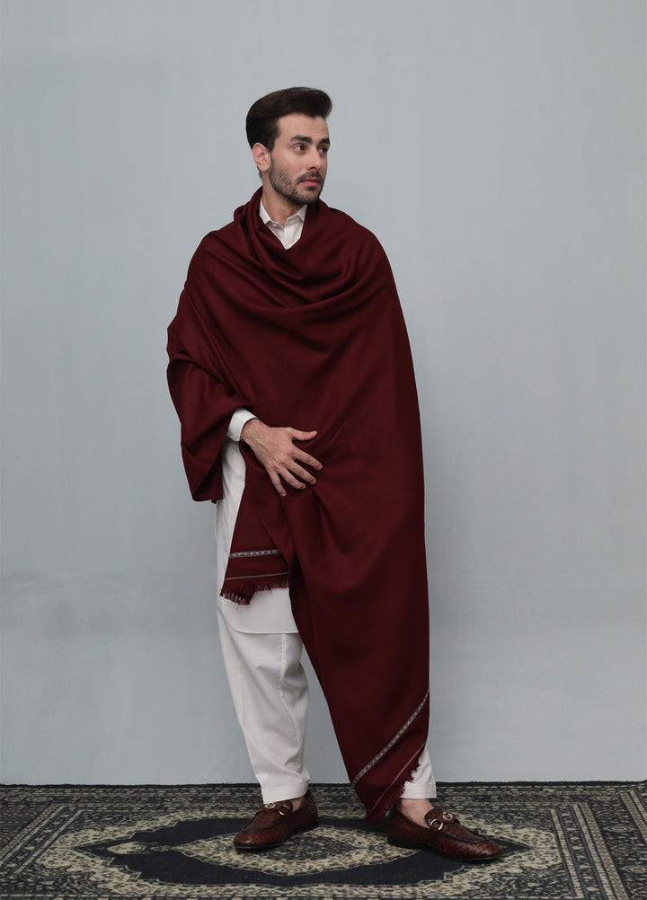 Mazham Mens Wool Shawl Textured 1 Piece Unstitched Marron Swati Thread - Winter Collection