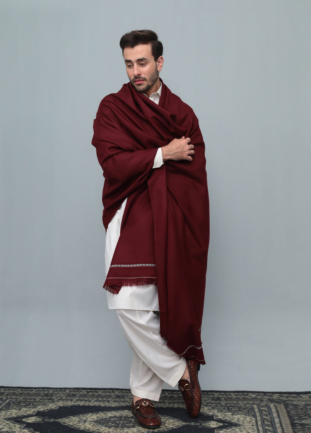 Mazham Mens Wool Shawl Textured 1 Piece Unstitched Marron Swati Thread - Winter Collection