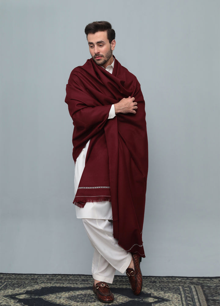 Mazham Mens Wool Shawl Textured 1 Piece Unstitched Marron Swati Thread - Winter Collection
