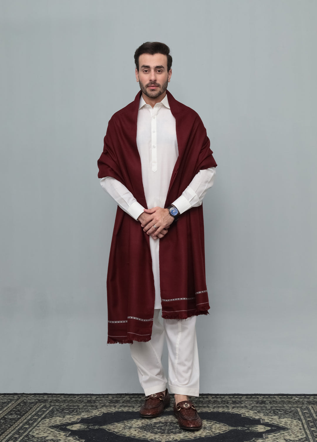 Mazham Mens Wool Shawl Textured 1 Piece Unstitched Marron Swati Thread - Winter Collection