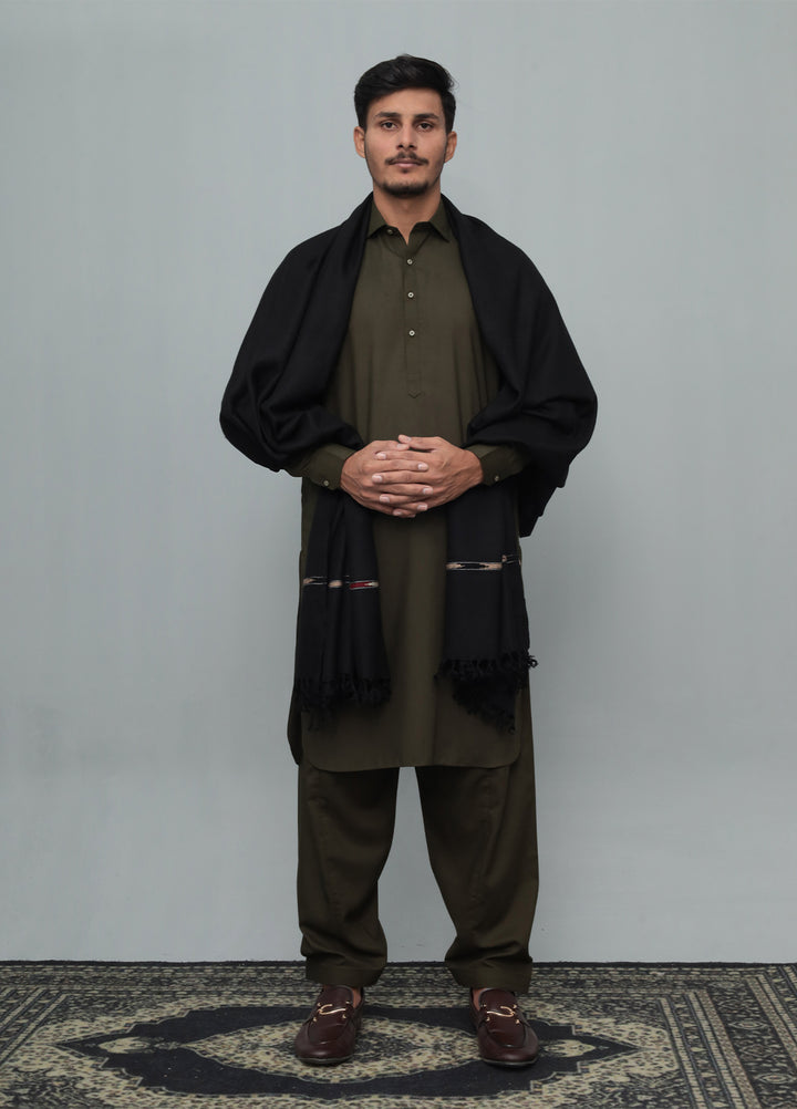 Mazham Mens Wool Shawl Textured 1 Piece Unstitched Black Swati Thread - Winter Collection