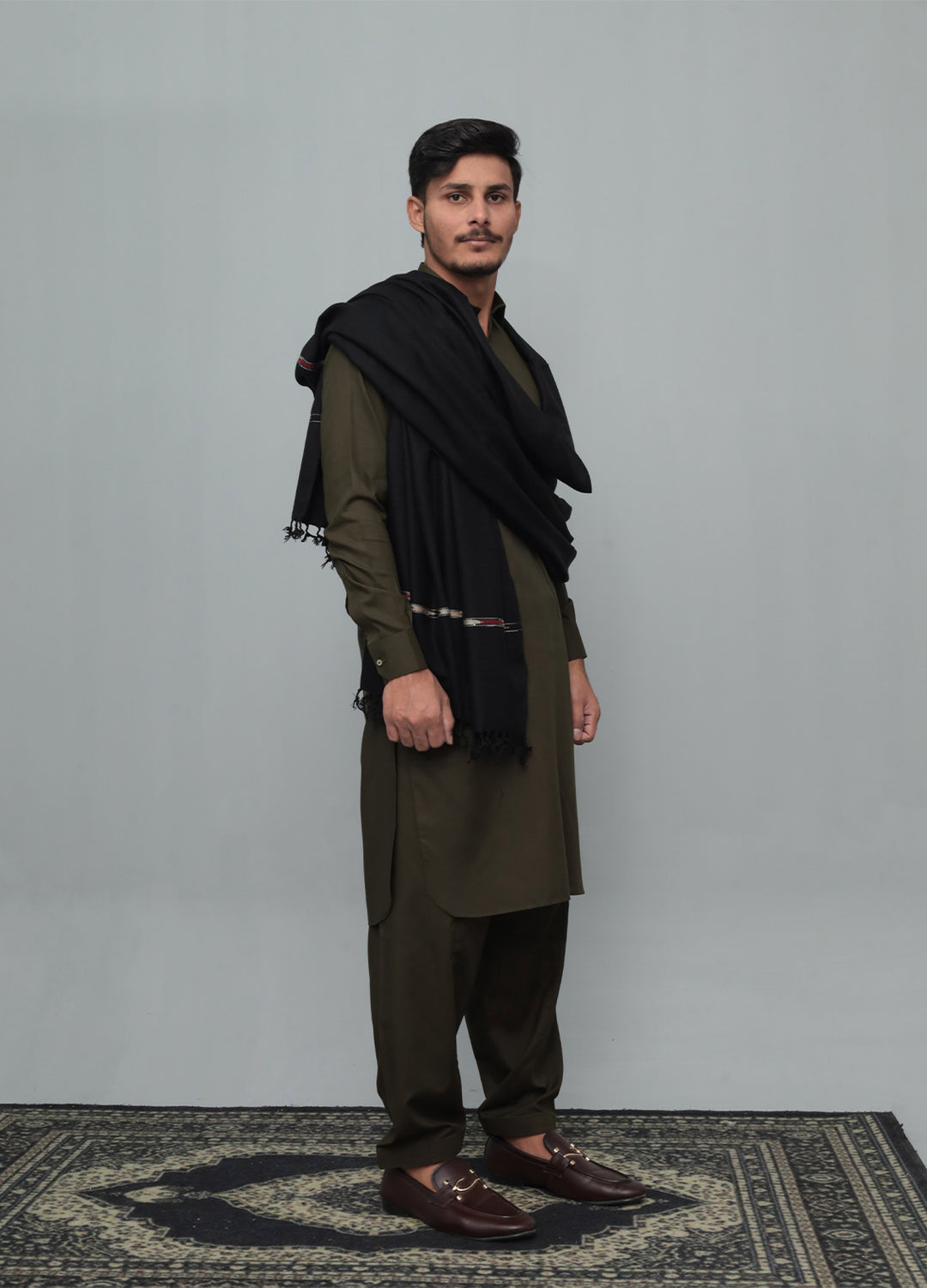 Mazham Mens Wool Shawl Textured 1 Piece Unstitched Black Swati Thread - Winter Collection