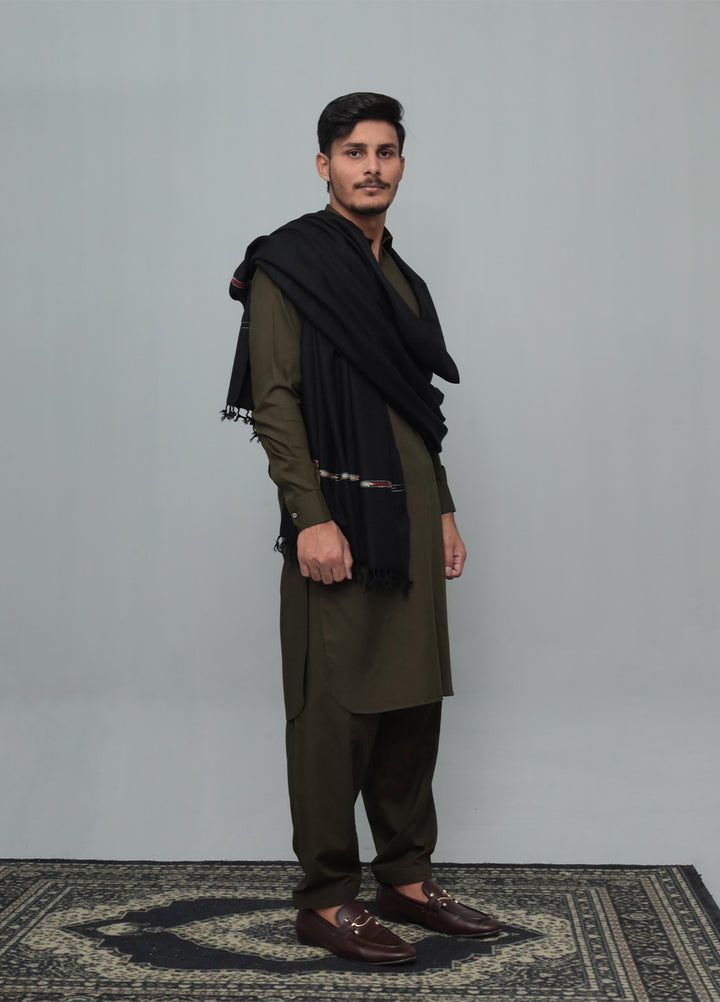 Mazham Mens Wool Shawl Textured 1 Piece Unstitched Black Swati Thread - Winter Collection