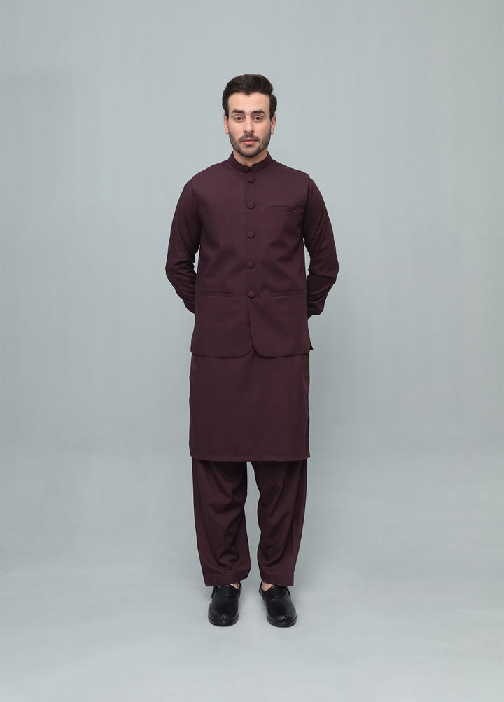 Mazham Mens 3 Piece Dark Marron With Blended Waistcoat Round Cut and Matching Fabric Buttons - Festive Collection