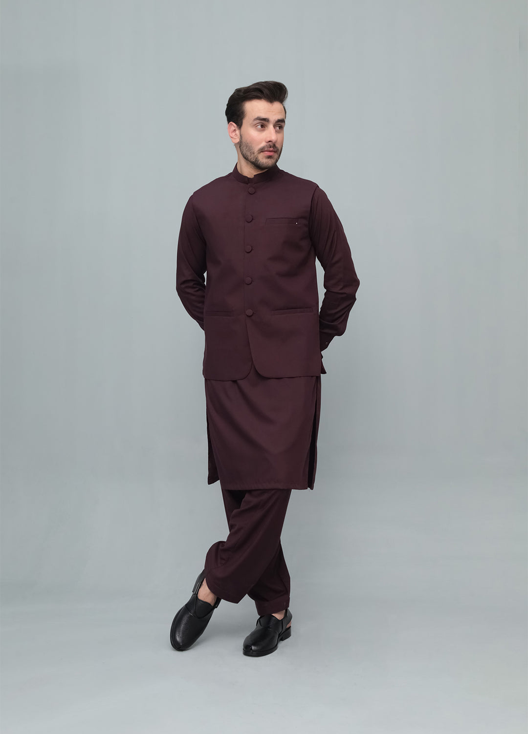 Mazham Mens 3 Piece Dark Marron With Blended Waistcoat Round Cut and Matching Fabric Buttons - Festive Collection