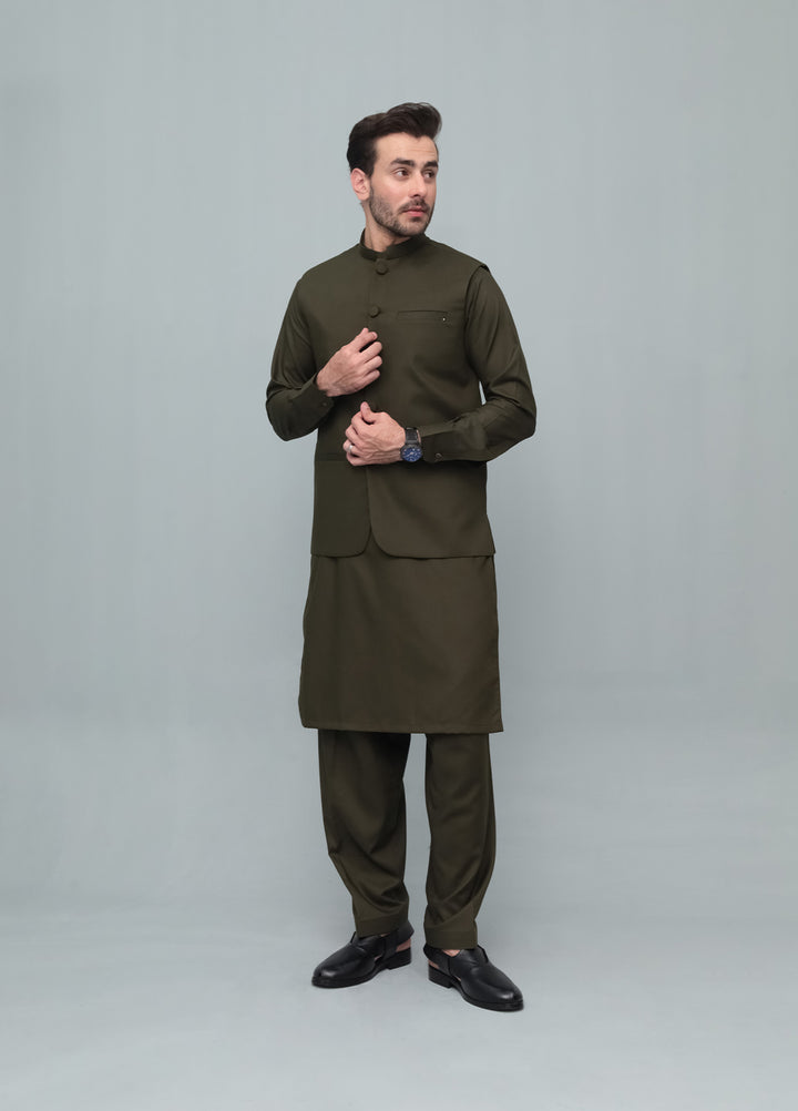 Mazham Mens 3 Piece Army Green With Blended Waistcoat Round Cut and Matching Fabric Buttons - Festive Collection