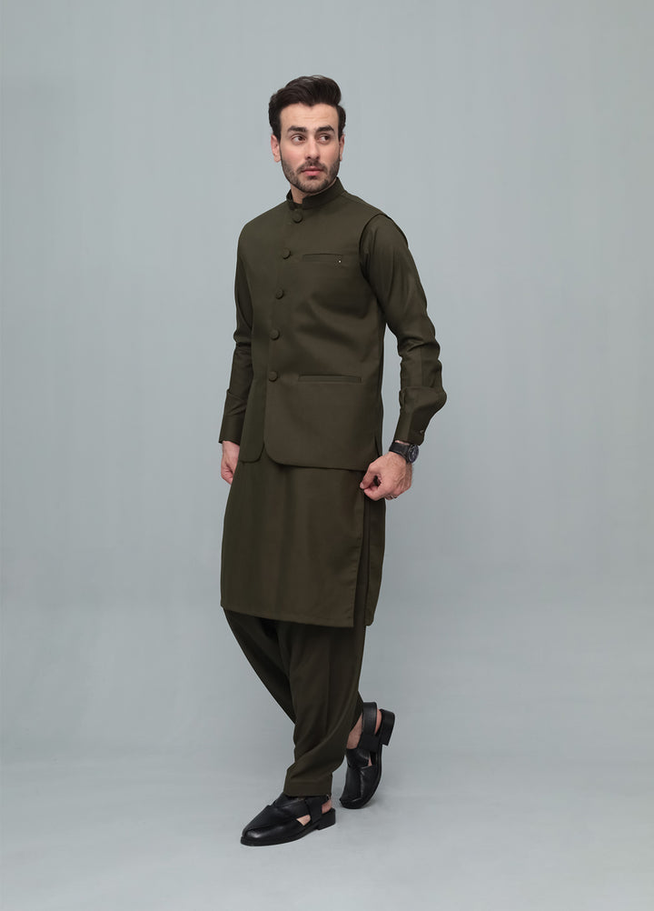 Mazham Mens 3 Piece Army Green With Blended Waistcoat Round Cut and Matching Fabric Buttons - Festive Collection