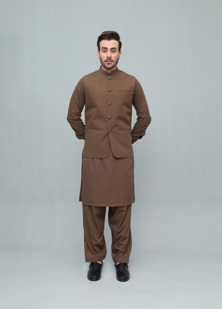 Mazham Mens 3 Piece Coffee Brown With Blended Waistcoat Round Cut and Matching Fabric Buttons - Festive Collection