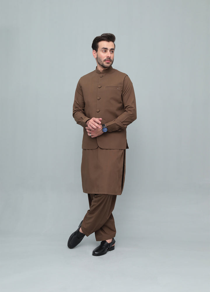 Mazham Mens 3 Piece Coffee Brown With Blended Waistcoat Round Cut and Matching Fabric Buttons - Festive Collection