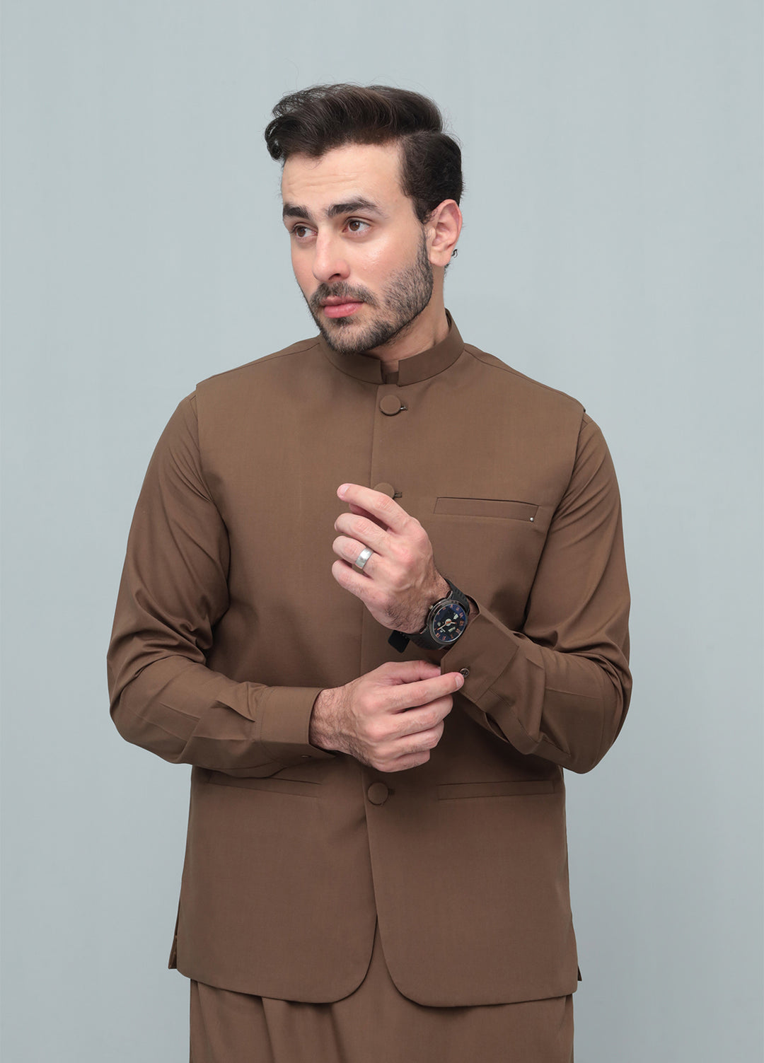 Mazham Mens 3 Piece Coffee Brown With Blended Waistcoat Round Cut and Matching Fabric Buttons - Festive Collection