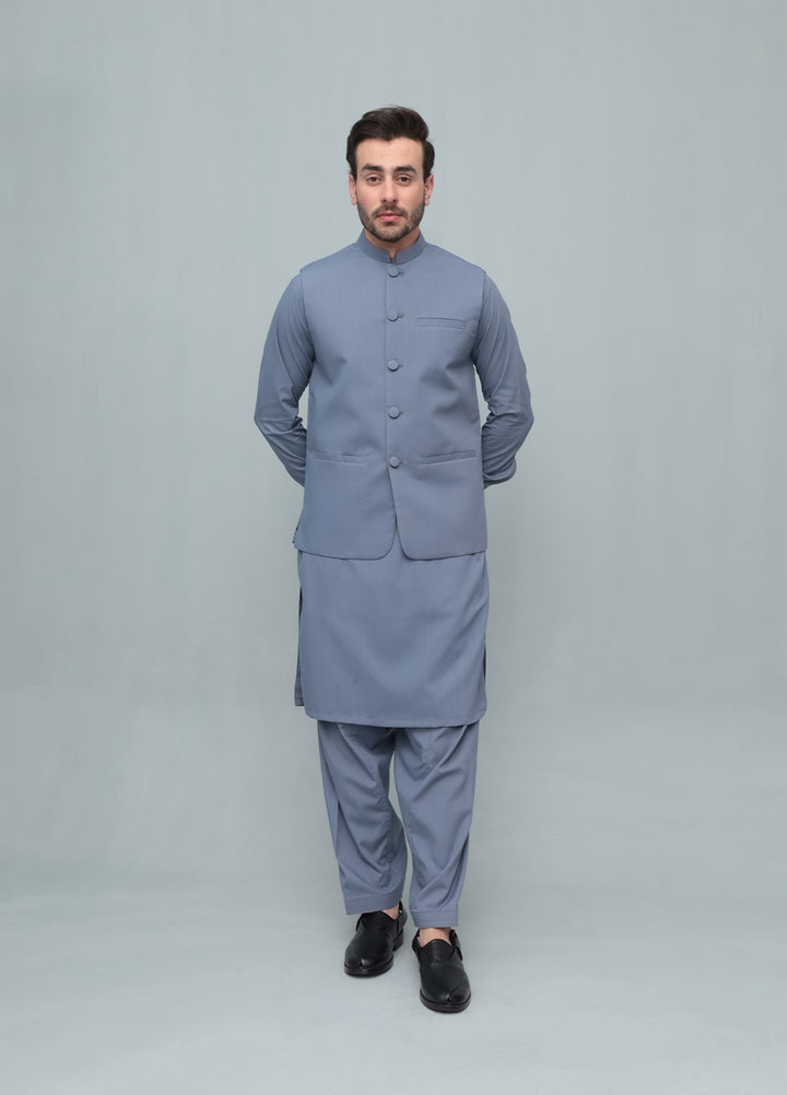 Mazham Mens 3 Piece Bluish Gray With Blended Waistcoat Round Cut and Matching Fabric Buttons - Festive Collection