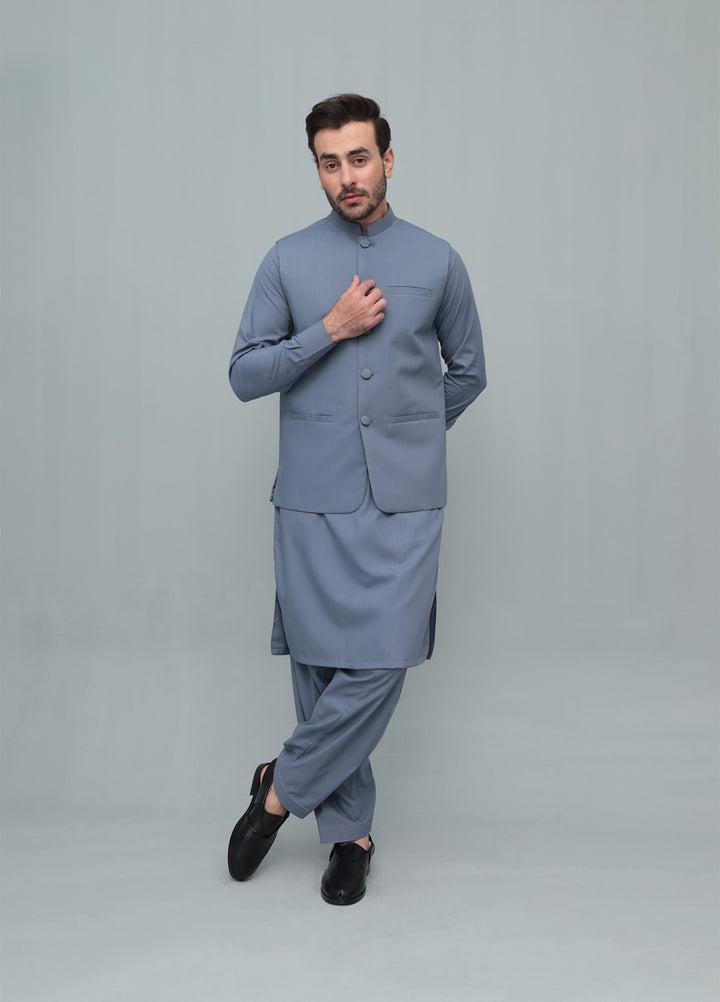 Mazham Mens 3 Piece Bluish Gray With Blended Waistcoat Round Cut and Matching Fabric Buttons - Festive Collection