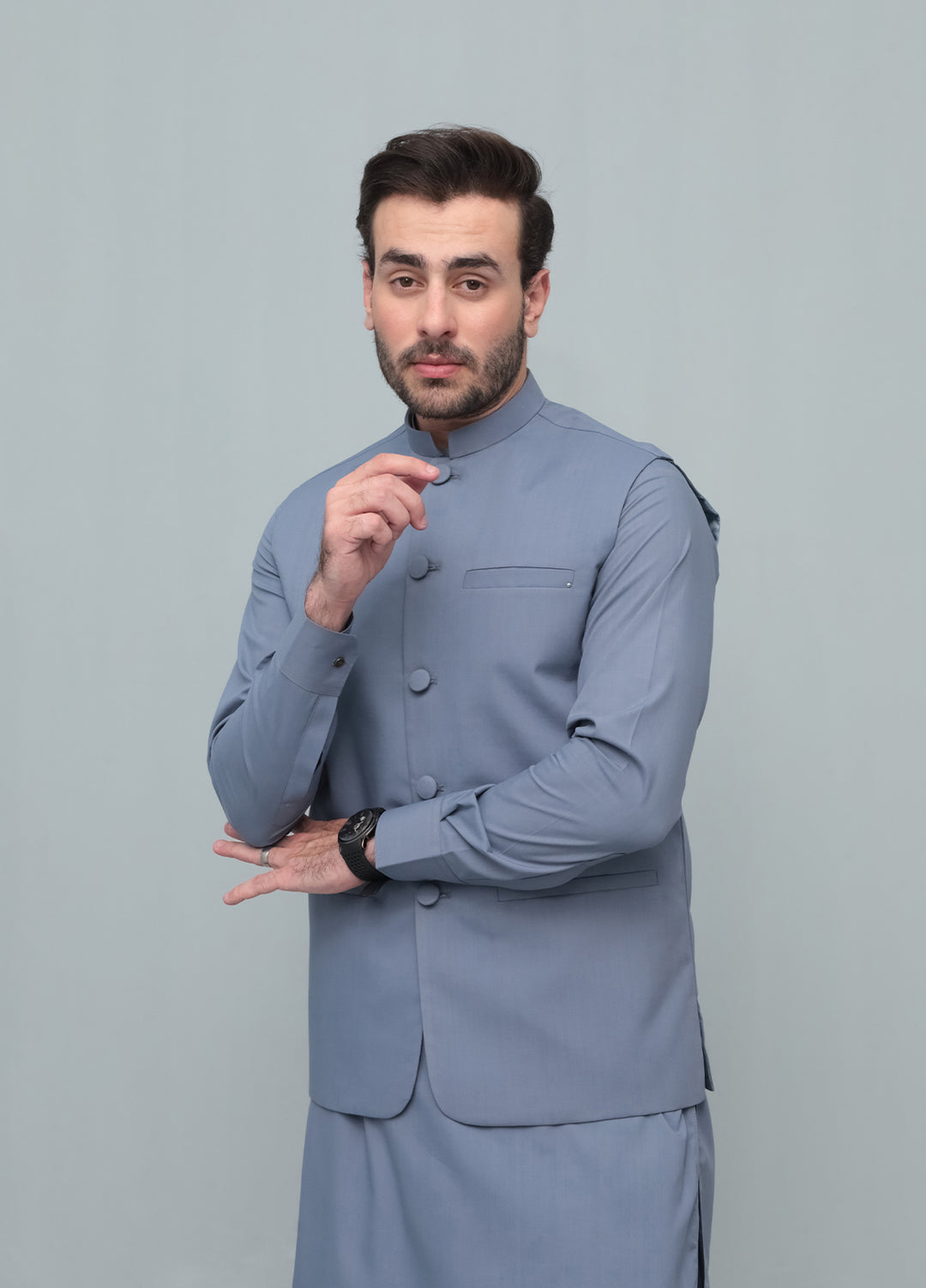 Mazham Mens 3 Piece Bluish Gray With Blended Waistcoat Round Cut and Matching Fabric Buttons - Festive Collection