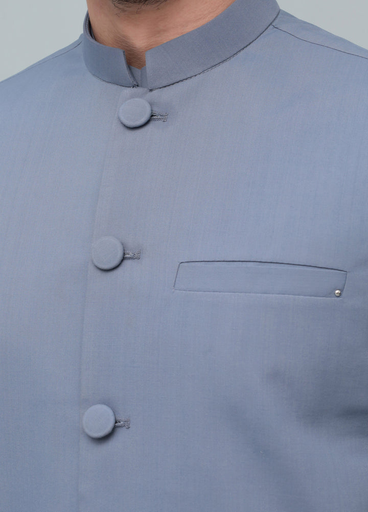 Mazham Mens 3 Piece Bluish Gray With Blended Waistcoat Round Cut and Matching Fabric Buttons - Festive Collection