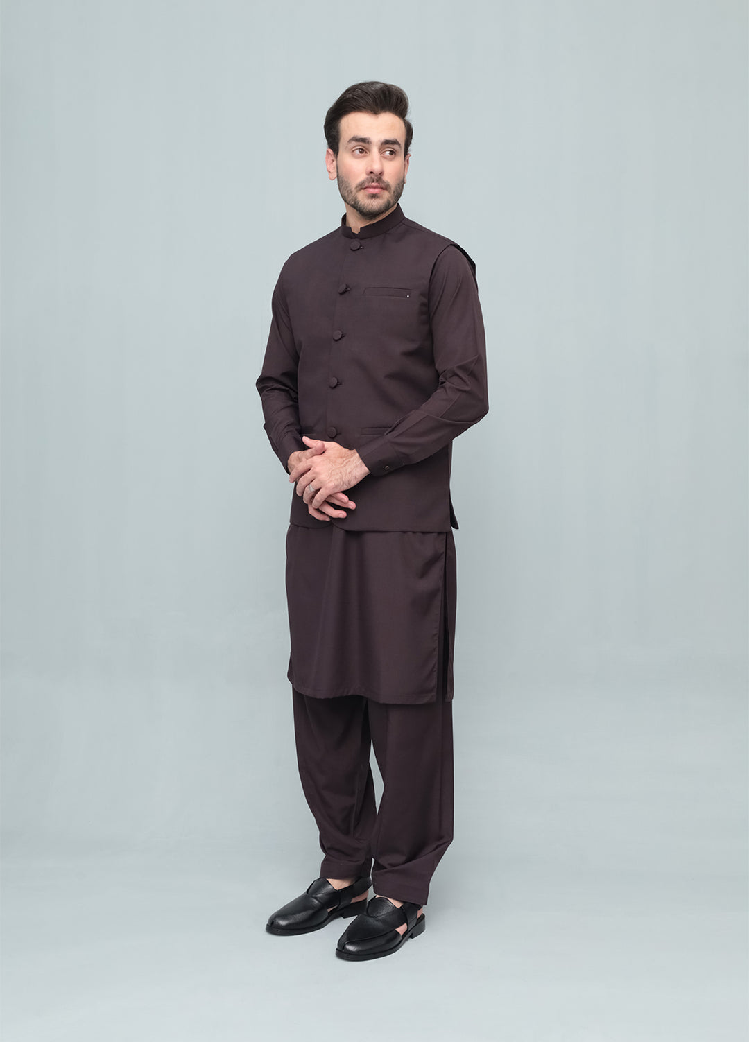 Mazham Mens 3 Piece Chocolate Brown With Blended Waistcoat Round Cut and Matching Fabric Buttons - Festive Collection