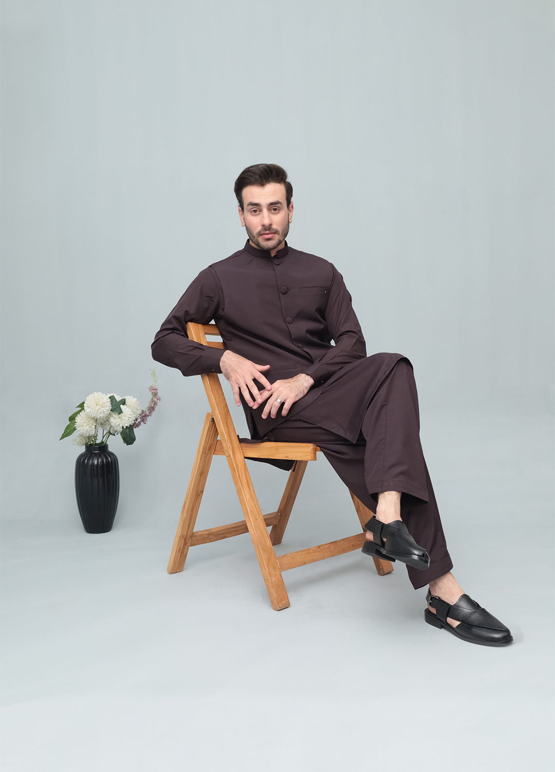 Mazham Mens 3 Piece Chocolate Brown With Blended Waistcoat Round Cut and Matching Fabric Buttons - Festive Collection