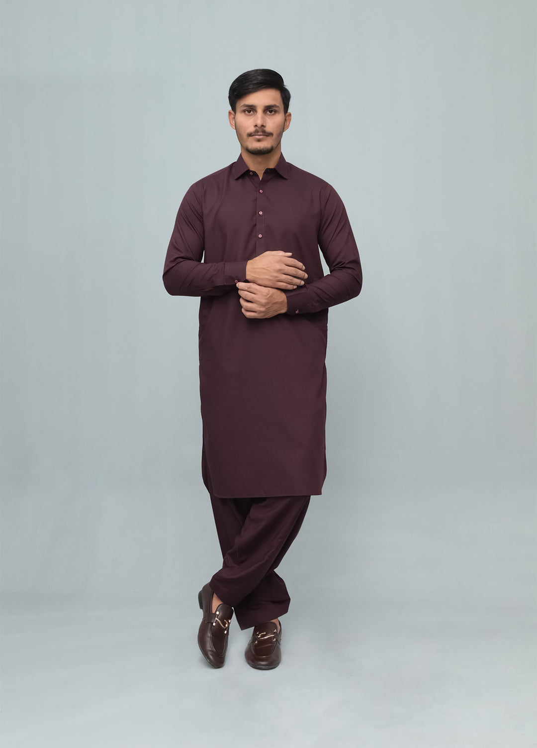 Mazham Mens Pret Solids 2 Piece Solids Dark Marron French Collar Shalwar Kameez - Festive Collection