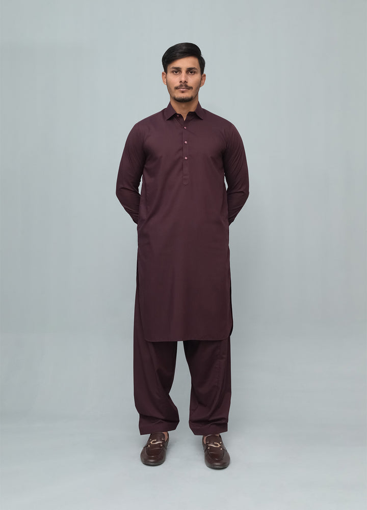 Mazham Mens Pret Solids 2 Piece Solids Dark Marron French Collar Shalwar Kameez - Festive Collection