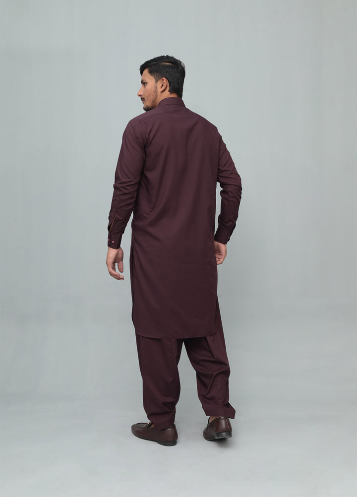 Mazham Mens Pret Solids 2 Piece Solids Dark Marron French Collar Shalwar Kameez - Festive Collection