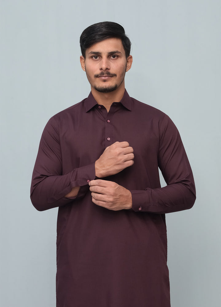 Mazham Mens Pret Solids 2 Piece Solids Dark Marron French Collar Shalwar Kameez - Festive Collection