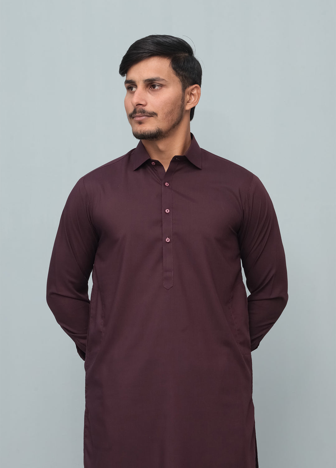 Mazham Mens Pret Solids 2 Piece Solids Dark Marron French Collar Shalwar Kameez - Festive Collection