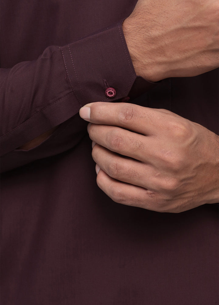 Mazham Mens Pret Solids 2 Piece Solids Dark Marron French Collar Shalwar Kameez - Festive Collection