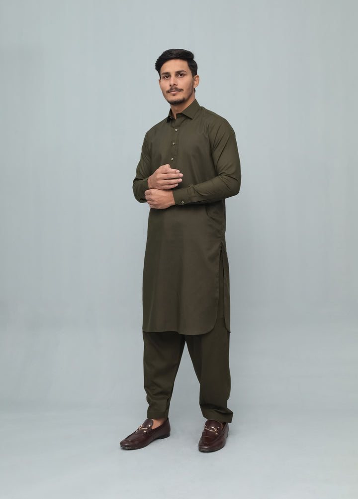 Mazham Mens Pret Solids 2 Piece Solids Army Green French Collar Shalwar Kameez - Festive Collection