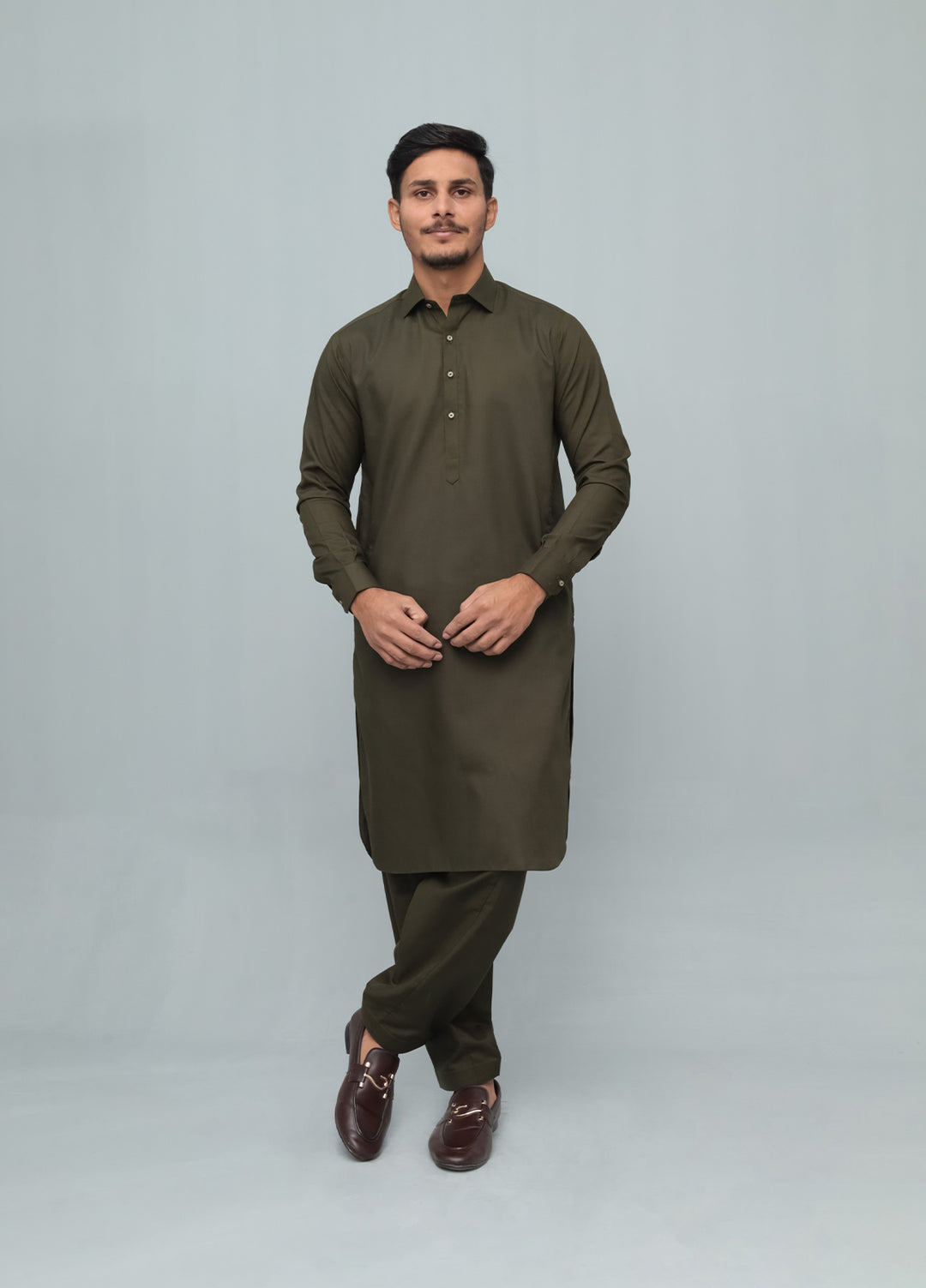 Mazham Mens Pret Solids 2 Piece Solids Army Green French Collar Shalwar Kameez - Festive Collection