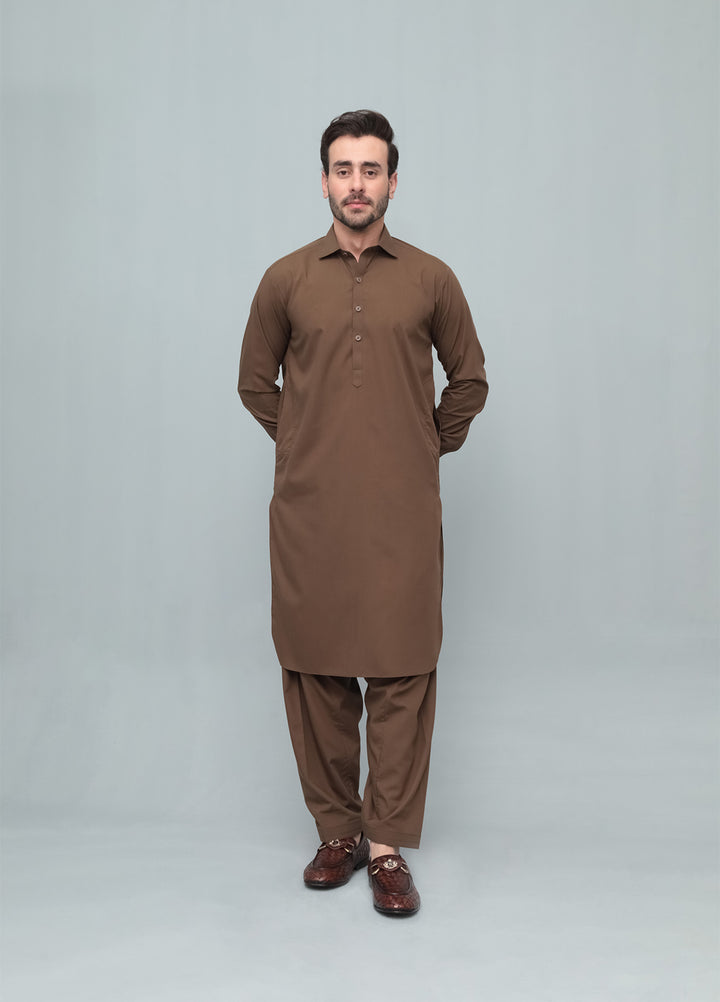 Mazham Mens Pret Solids 2 Piece Solids Coffee Brown French Collar Shalwar Kameez - Festive Collection
