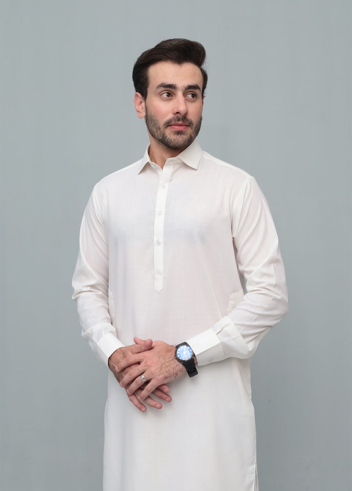 Mazham Mens Pret Solids 2 Piece Solids Off White French Collar Shalwar Kameez - Festive Collection