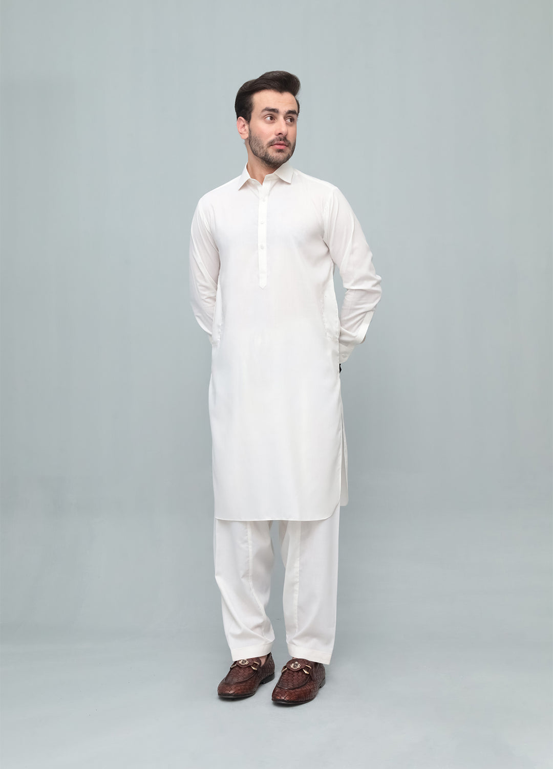Mazham Mens Pret Solids 2 Piece Solids Off White French Collar Shalwar Kameez - Festive Collection