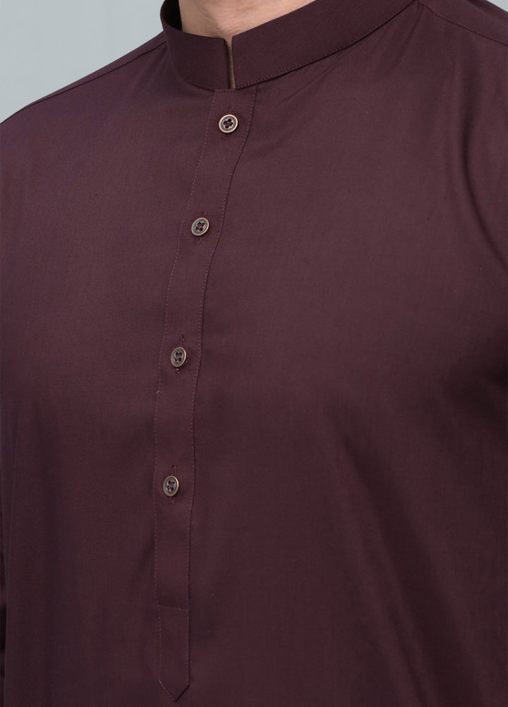 Mazham Mens Pret Blended 2 Piece Solids Dark Marron Kameez Shalwar - Festive Collection
