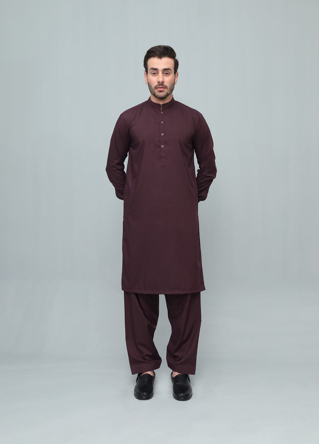 Mazham Mens Pret Blended 2 Piece Solids Dark Marron Kameez Shalwar - Festive Collection