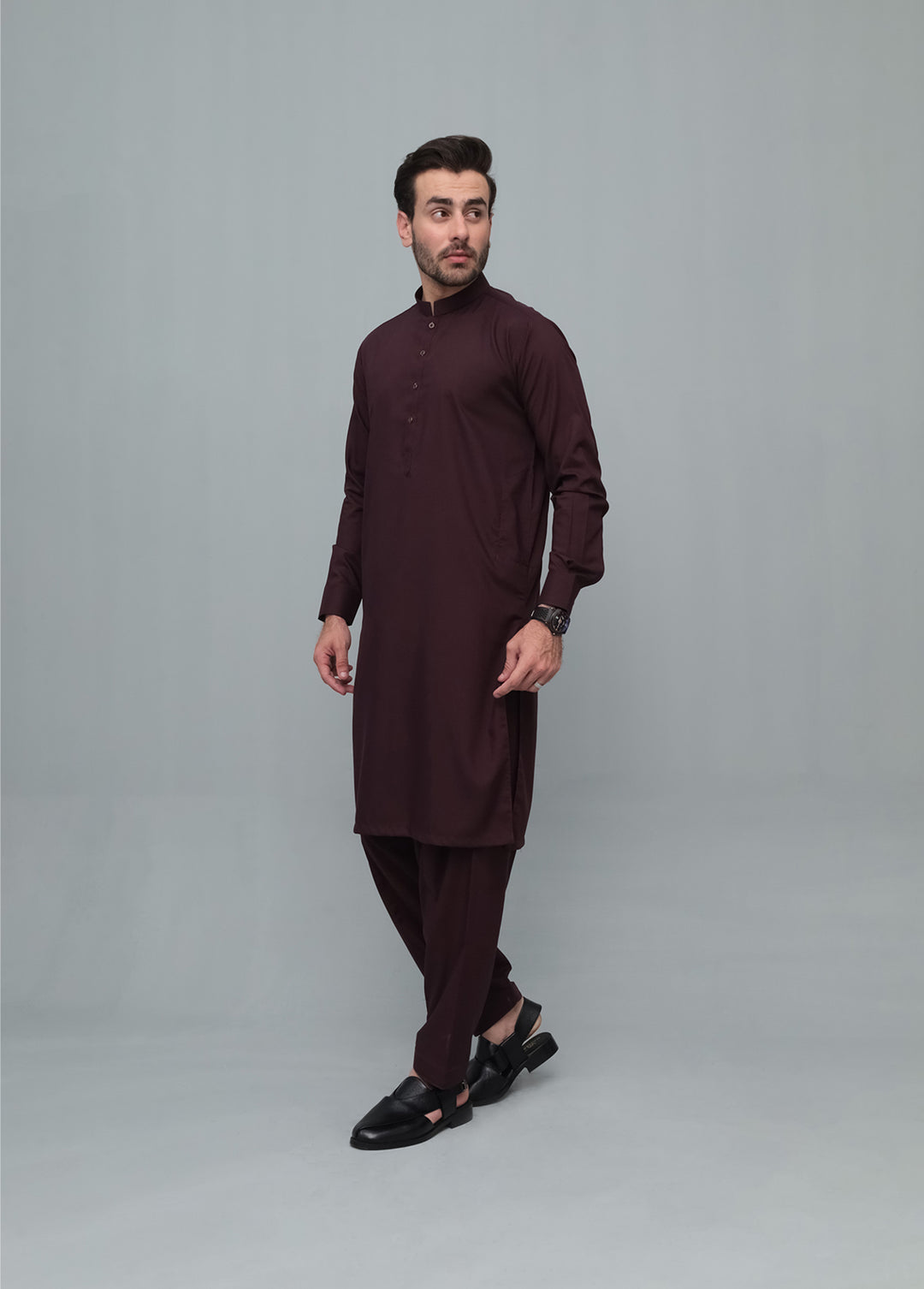 Mazham Mens Pret Blended 2 Piece Solids Dark Marron Kameez Shalwar - Festive Collection
