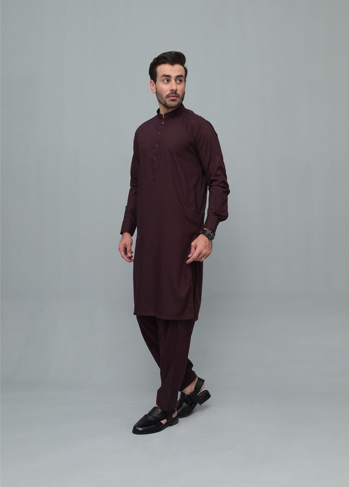 Mazham Mens Pret Blended 2 Piece Solids Dark Marron Kameez Shalwar - Festive Collection