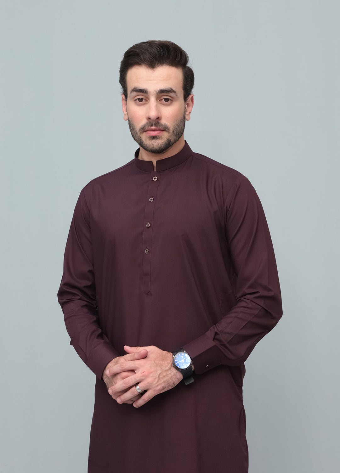 Mazham Mens Pret Blended 2 Piece Solids Dark Marron Kameez Shalwar - Festive Collection