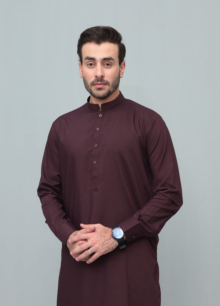 Mazham Mens Pret Blended 2 Piece Solids Dark Marron Kameez Shalwar - Festive Collection